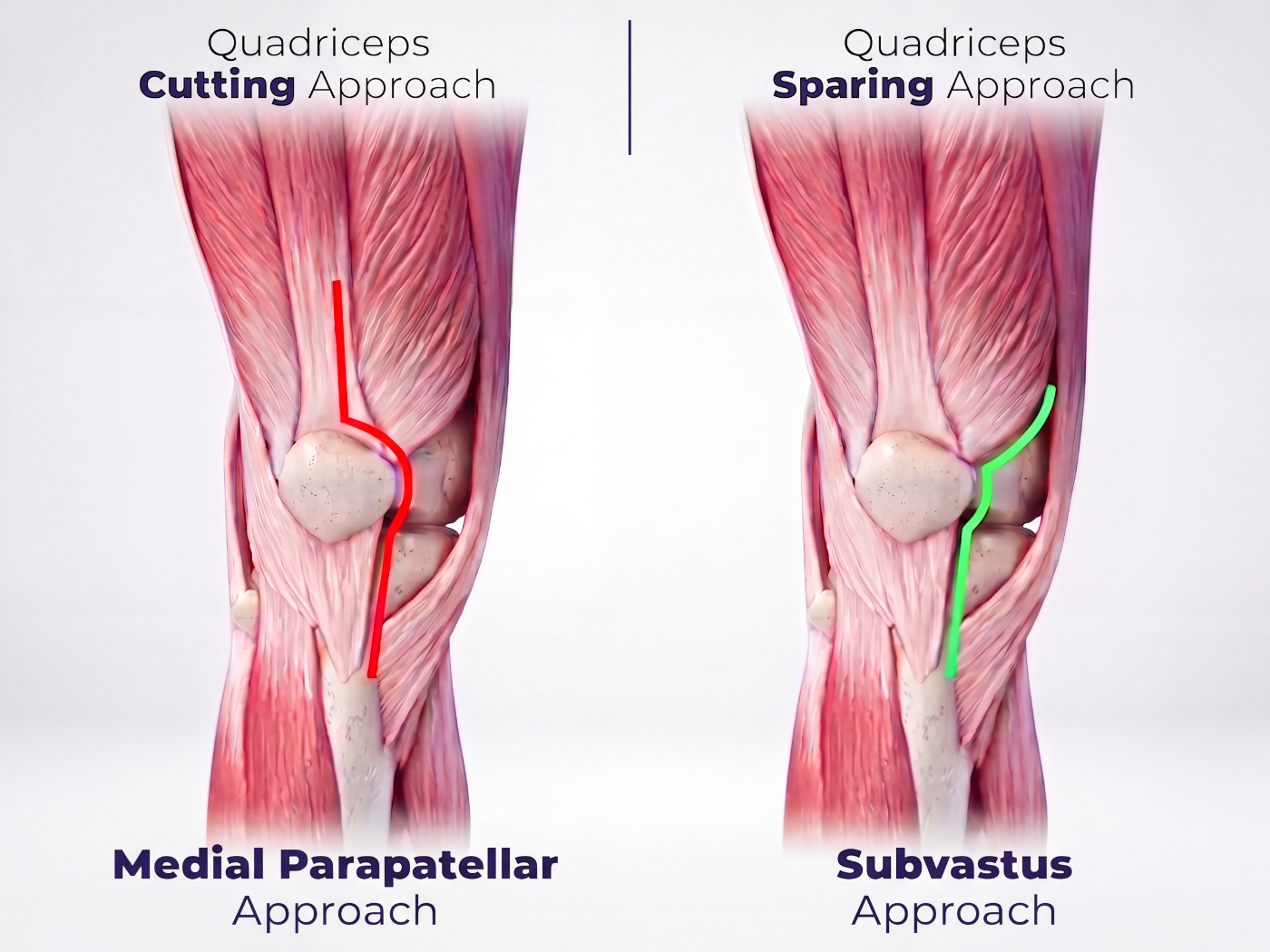 Anatomic illustration of the medial parapatellar and subvastus approaches to the knee